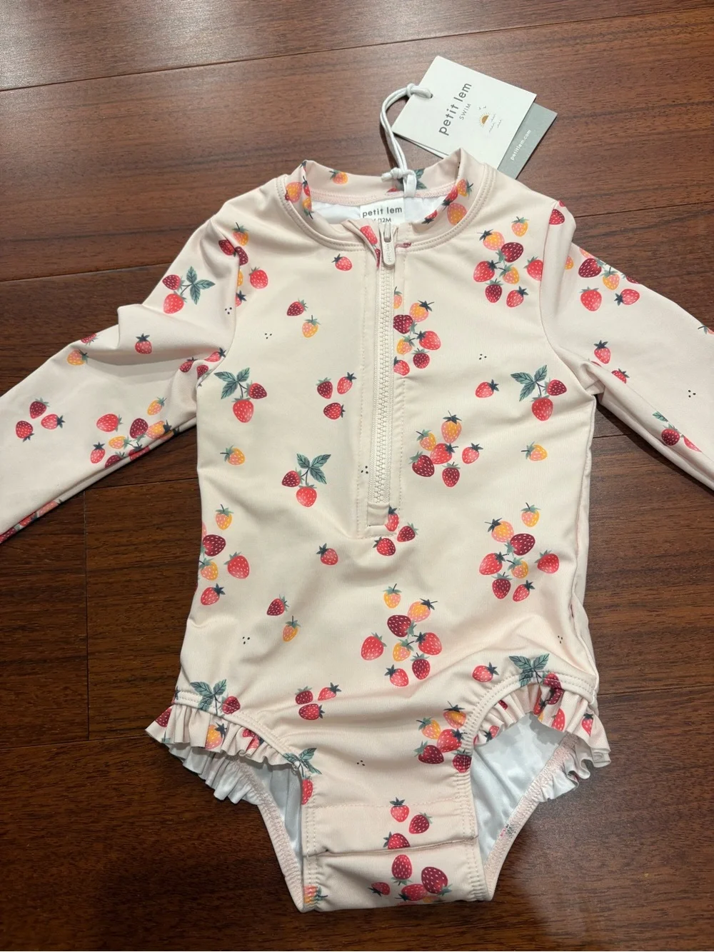 Petit Lem Cream Pink Strawberry Print Long-Sleeve One-Piece Swimsuit